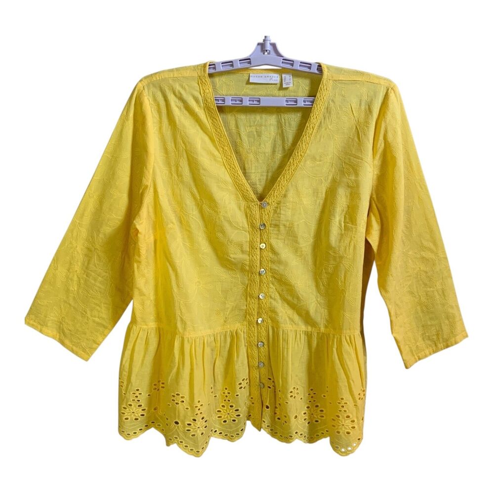 Susan Graver Embroidered Blouse Medium Lemon Yellow Crocheted Boho Cotton Top